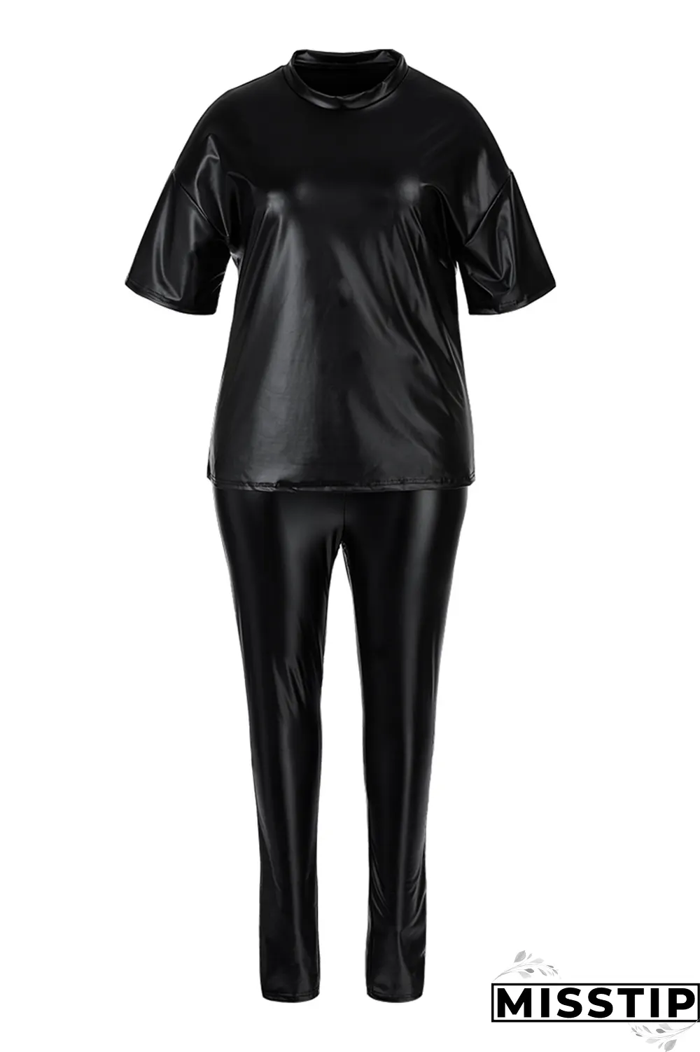 Black Casual Solid Patchwork O Neck Plus Size Two Pieces