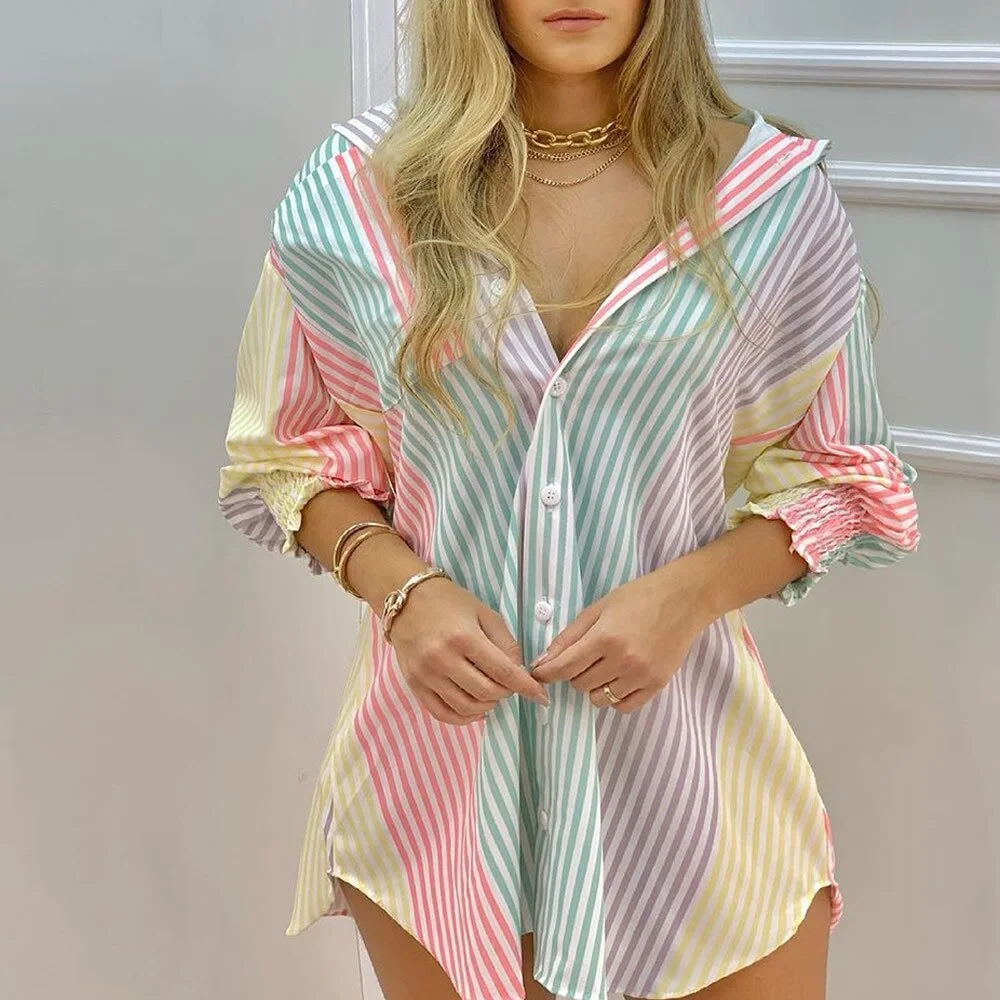 2021 Women Fashion Striped Print Shirt Lady Long Sleeve Blouse Off Shoulder Ruched Button Design Casual Tops blouses femme