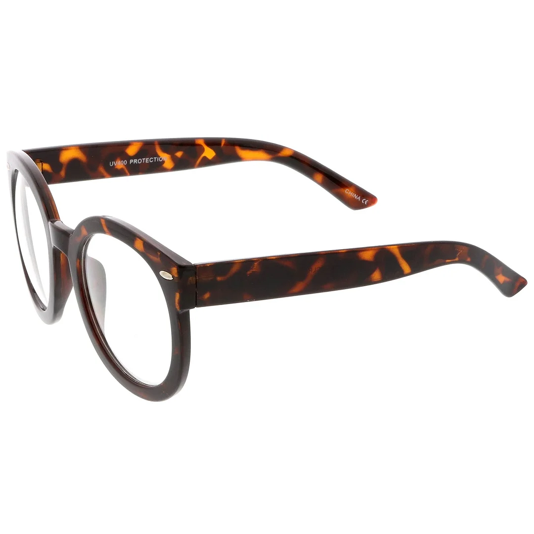 Oversize Thick Arms Round Clear Lens Horn Rimmed Eyeglasses 53mm