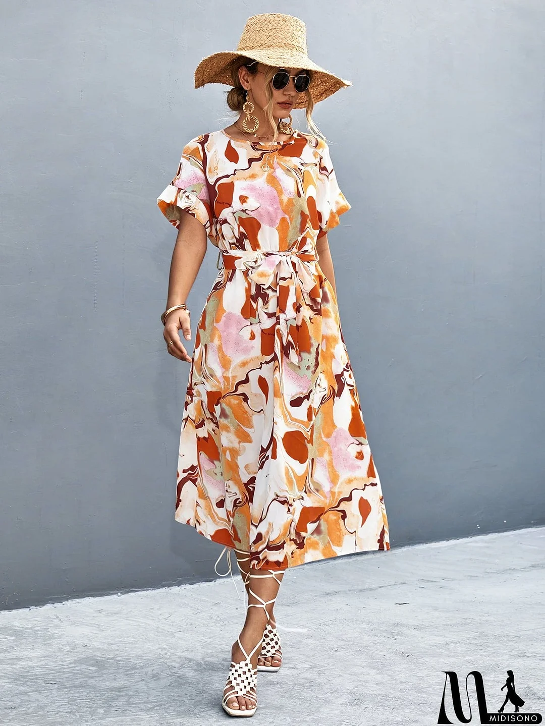 MidiSono - Round Neck Short Sleeve Tie Waist Midi Dress