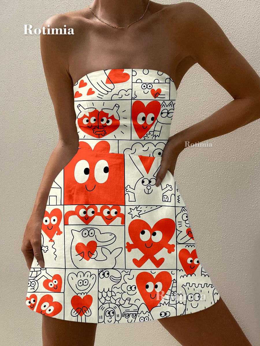 Funny Cartoon Printed Strapless Dress