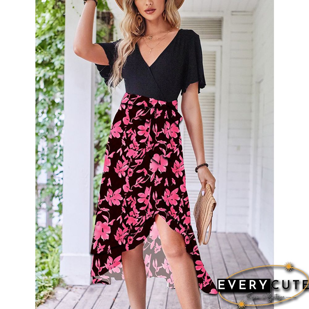 Purple Floral Print Splicing V Neck Dress with Slit