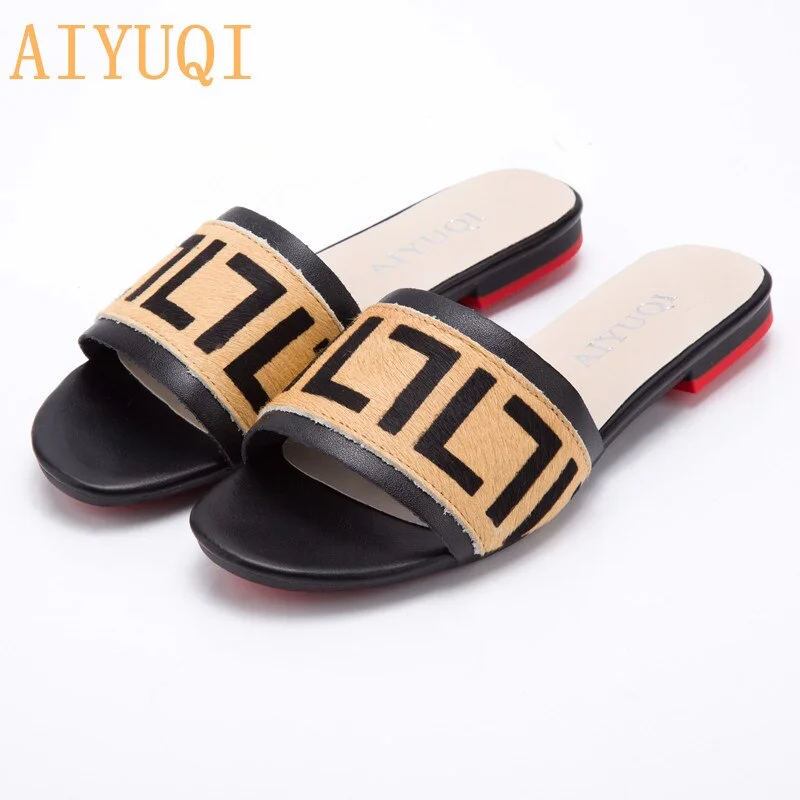 AIYUQI Women Slippers 2021 New summer Genuine Leather Flat Women slides  Mohair Casual Outdoor Slippers Women shoes