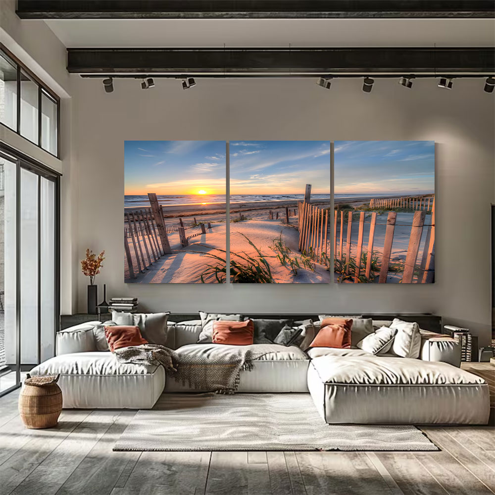 3-Piece Set Dune Fence Beach Sunset Canvas Art