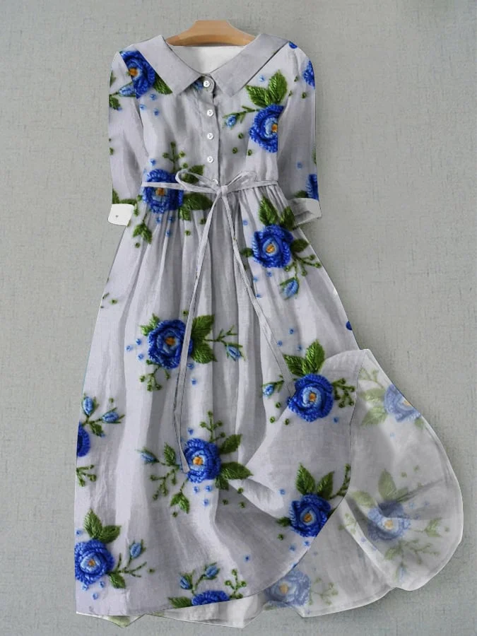 Women's Vintage Botanical Floral Design Lace Up Pocket Dress