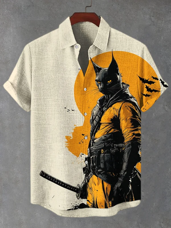 Men's Bat Batman Cat Samurai Print Short Sleeve Shirt