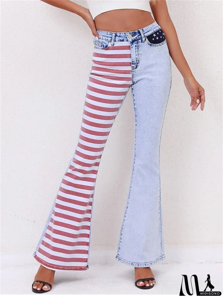 Women's Super Cool Street Style Contrast Color Red Stripe Bell Bottom Denim Jeans