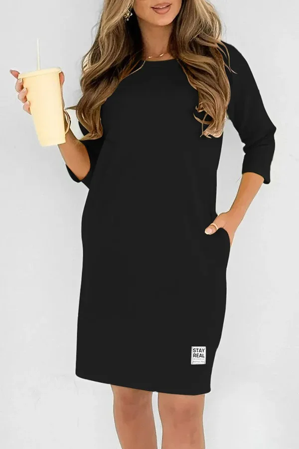 Solid Color Round Neck Long Sleeve Loose Casual Mini Dress