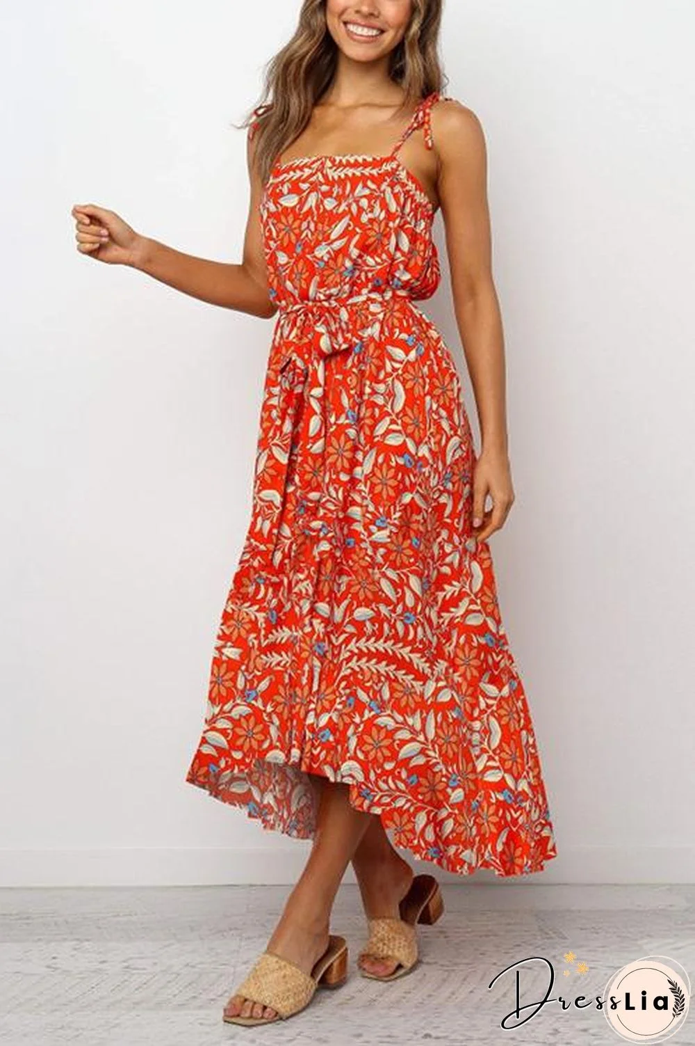 Print Drawstring Waist Slip Maxi Dress