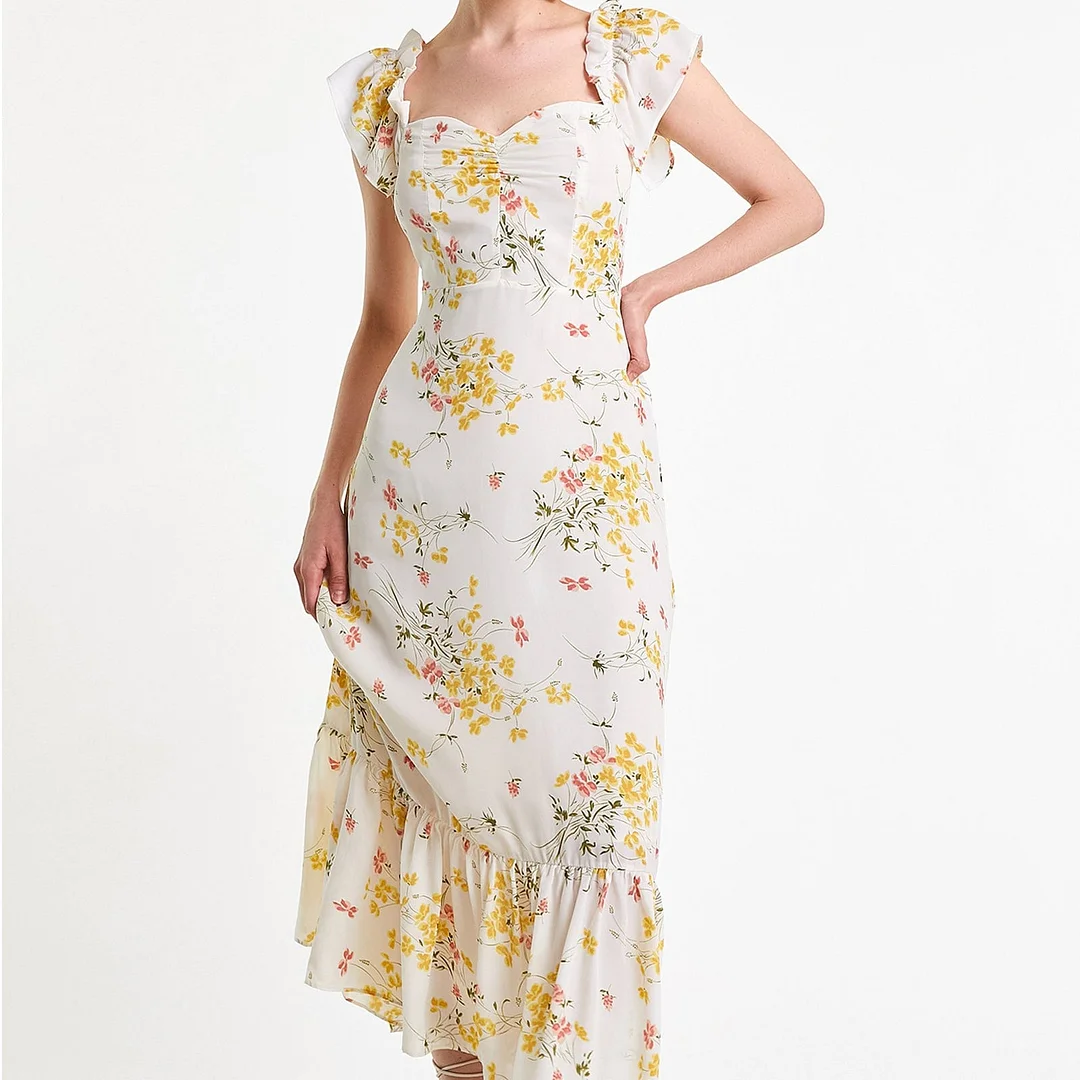 Abebey Old Lace Floral Print Off-the-Shoulder Midi Dress