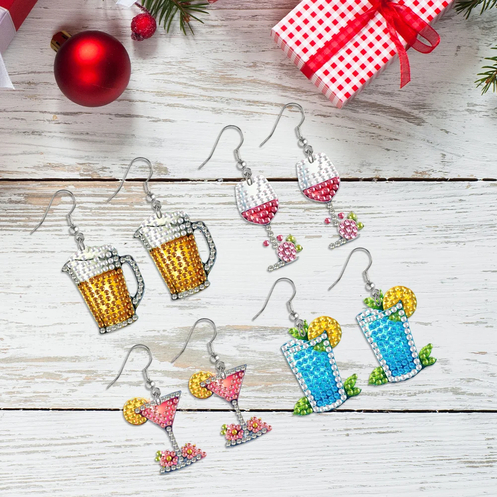 4 Pairs Drinks Double Sided Diamond Painting Earrings DIY Earrings Making Kit