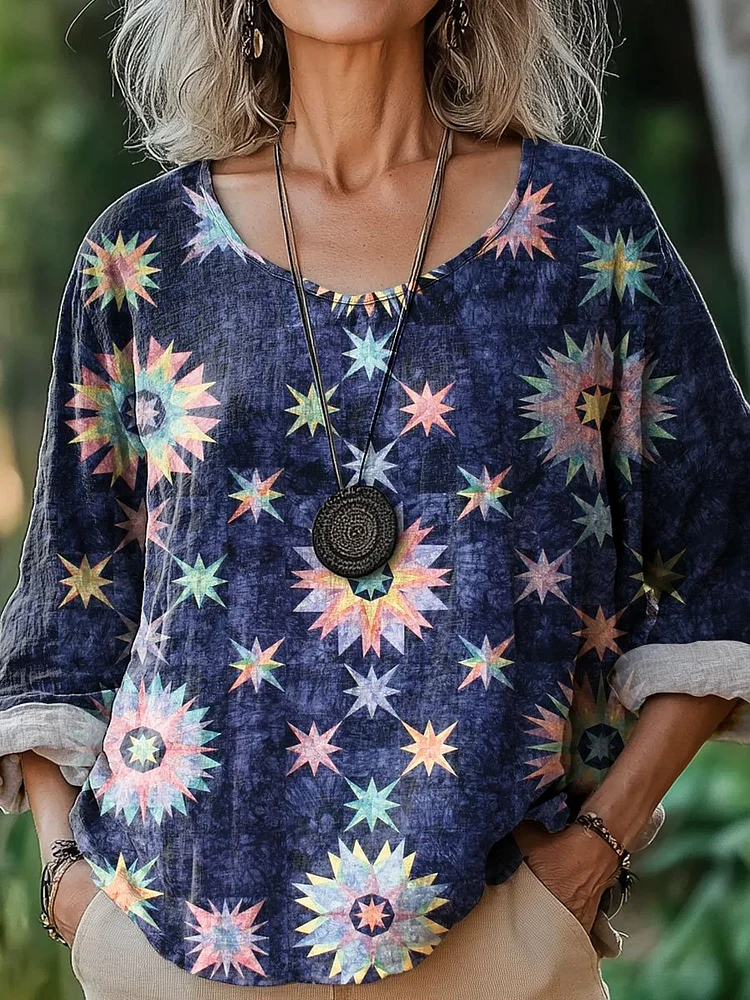 Women's Retro Pattern Art Print Casual Cotton And Linen Shirt