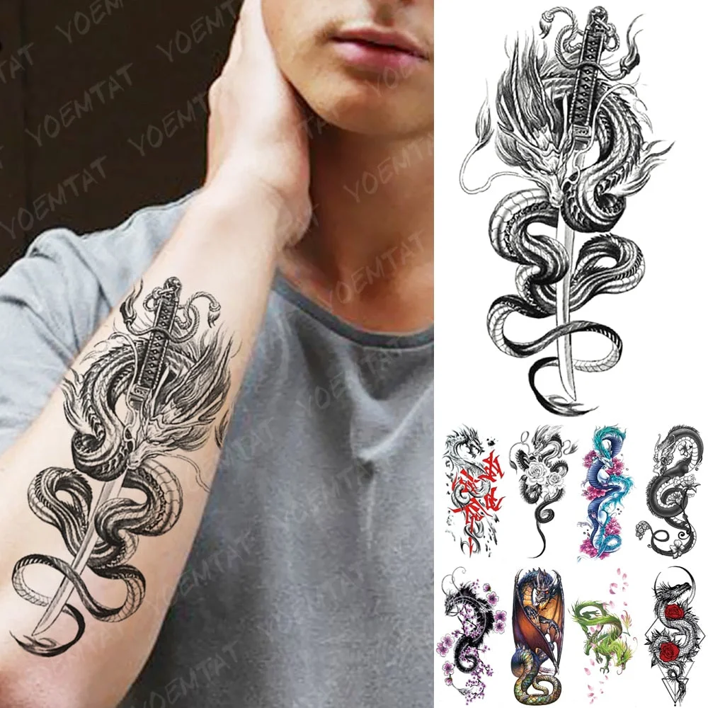 Waterproof Temporary Tattoo Sticker Dragon Sword Snake Flash Tattoos Rose Owl Wolf Body Art Arm Fake Sleeve Tatoo Women Men