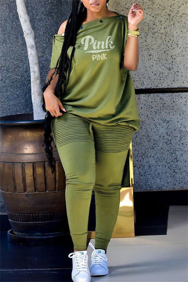 Fashion Casual Letter Hot Drilling Split Joint Oblique Collar Short Sleeve Two Pieces