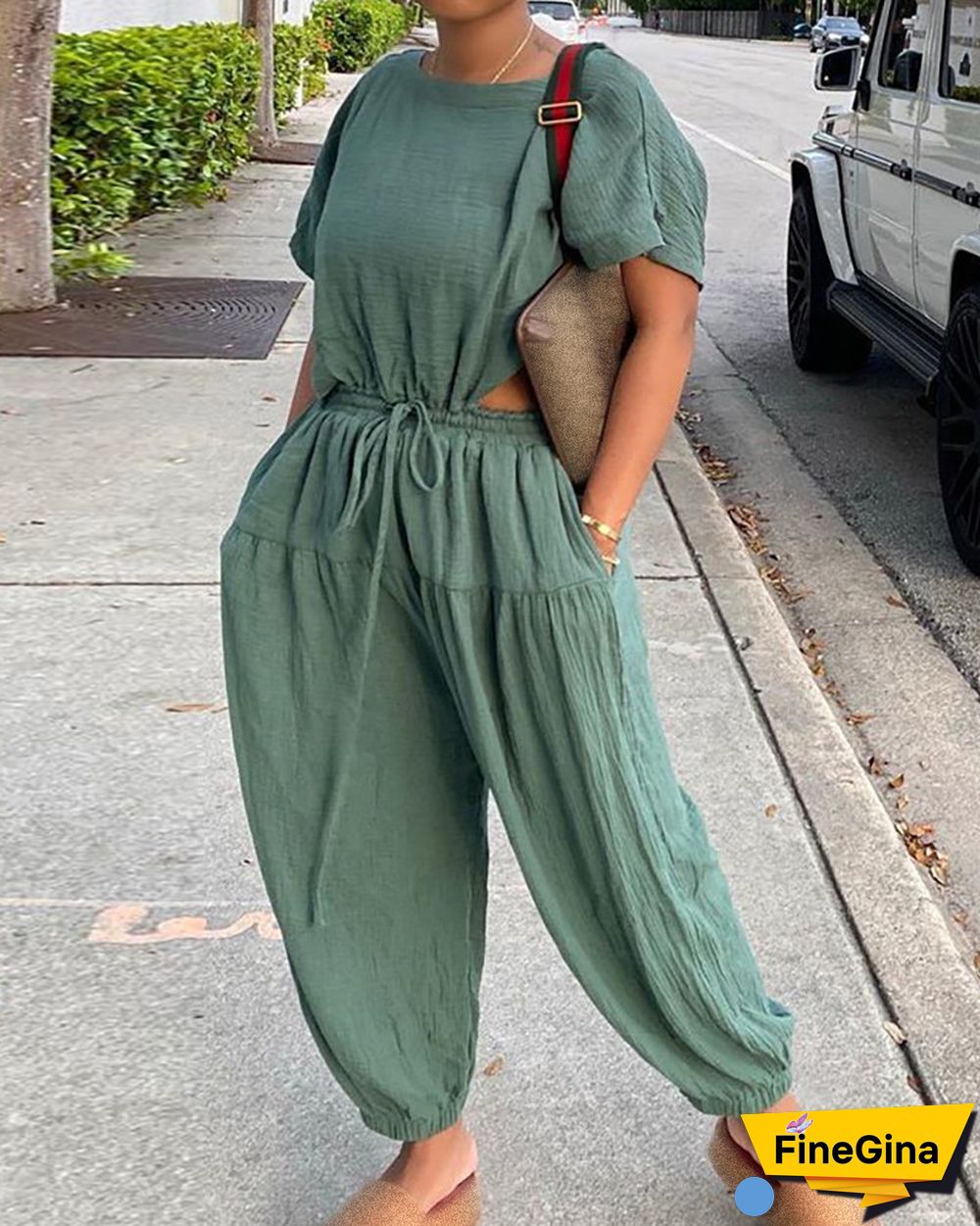 Short Sleeve Top & Pocket Design Drawstring Pants Set