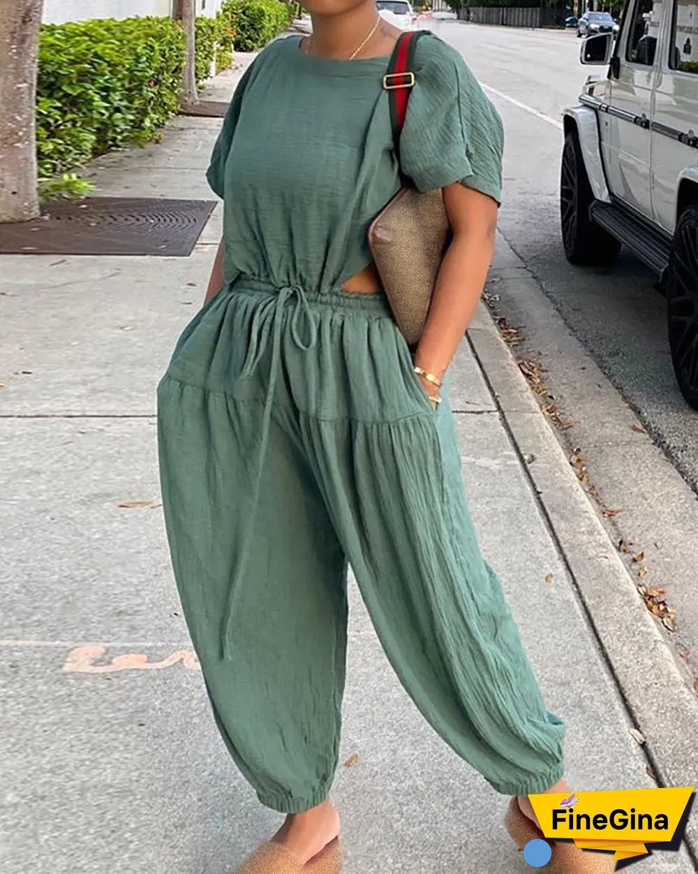 Short Sleeve Top & Pocket Design Drawstring Pants Set