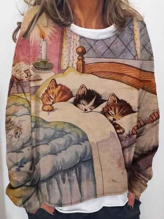 Cats Are Sleeping And Mouse Long Sleeve Print Sweatshirt