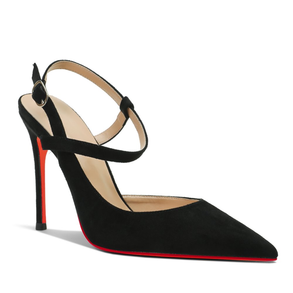 100mm Women Slingback Pumps Ankle Strap Jenlove Stiletto Mid Heel Close Pointed Toe Dress Red Bottoms Suede Shoes-MERUMOTE