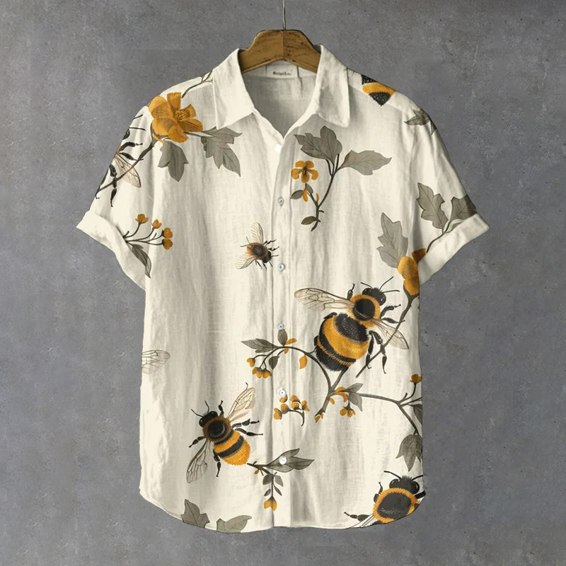 Men's Retro Floral With Bee Print Casual Linen Shirt  artssus