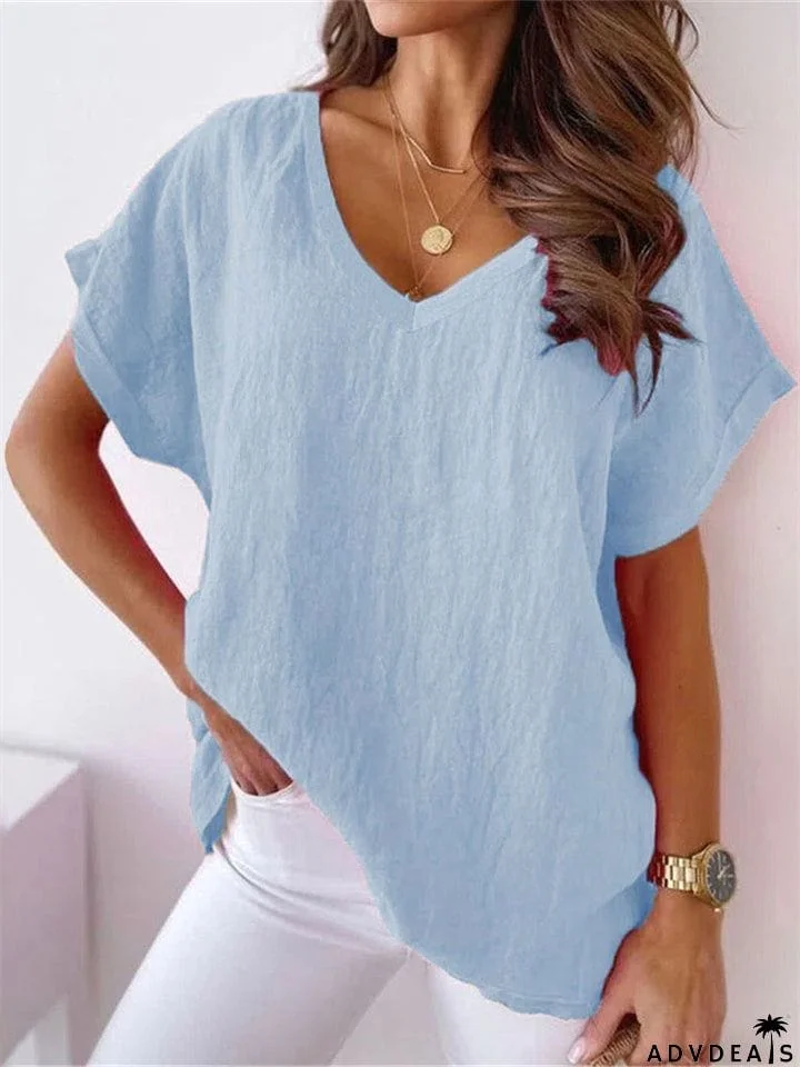 Women's V Neck Short Sleeve Cozy Cotton Linen T-shirt for Summer