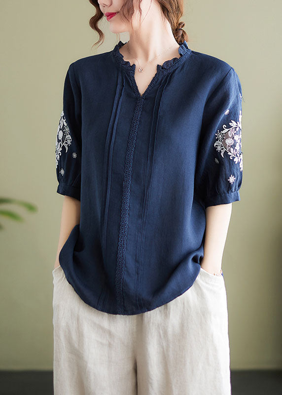 FineGina Plus Size Navy Embroideried Patchwork Wrinkled Linen Shirts Summer