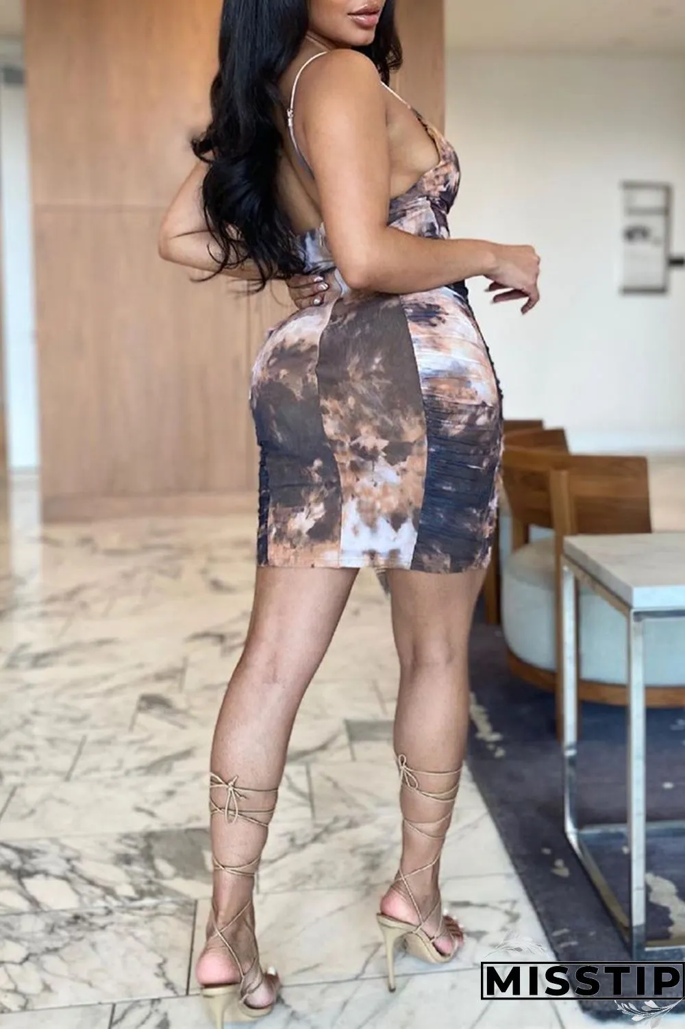 Multicolor Fashion Sexy Print Backless Spaghetti Strap Sleeveless Dress