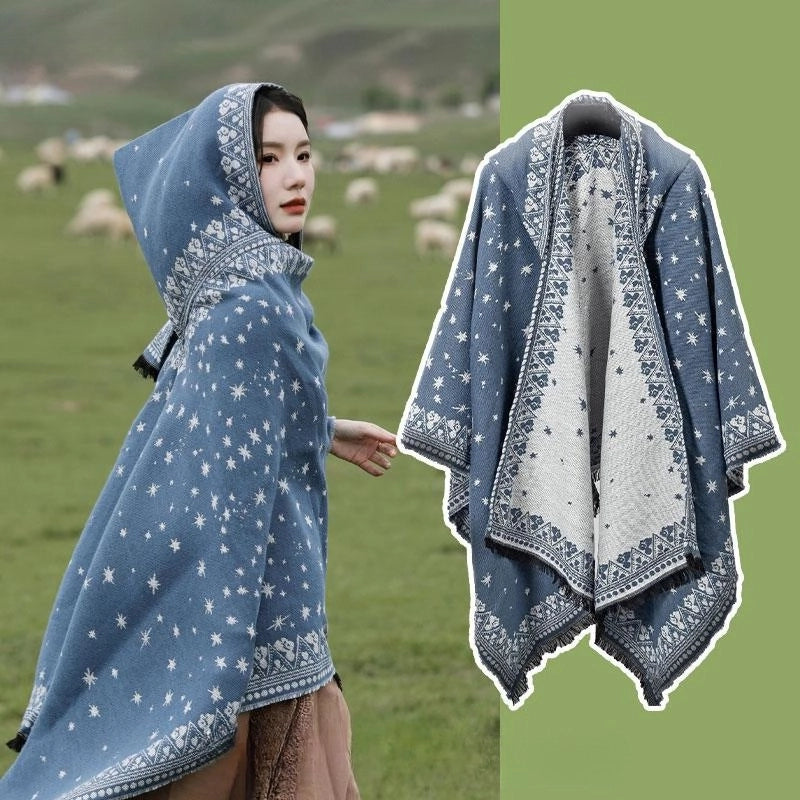 Ethnic Style Hooded Cape Women’s Yunnan Tibet Western Sichuan Grassland Bohemia Travel Wear Scarf Coat