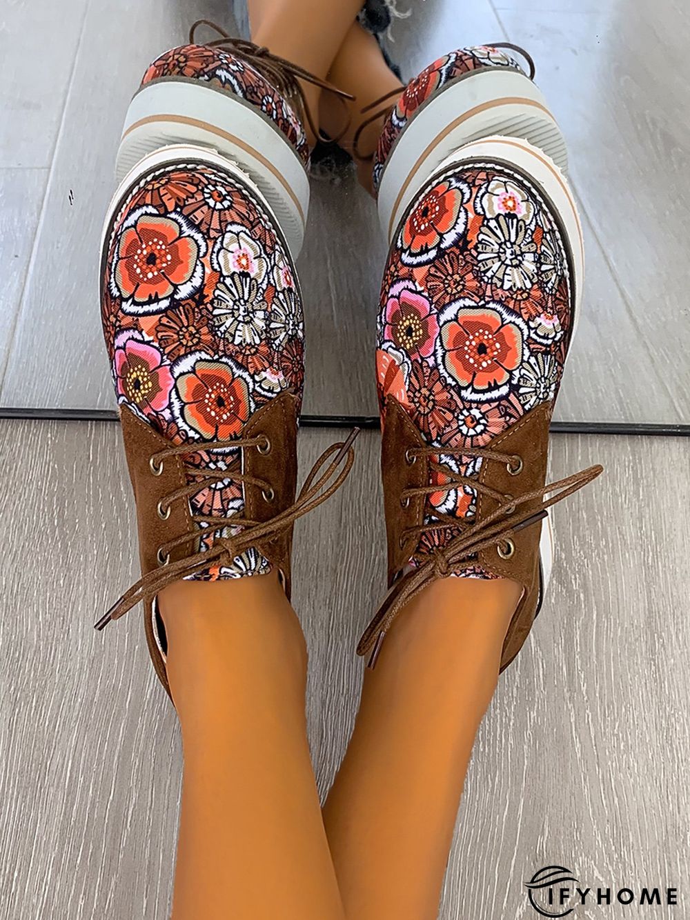 Floral Printed Patchwork Lace Up Shoes | IFYHOME
