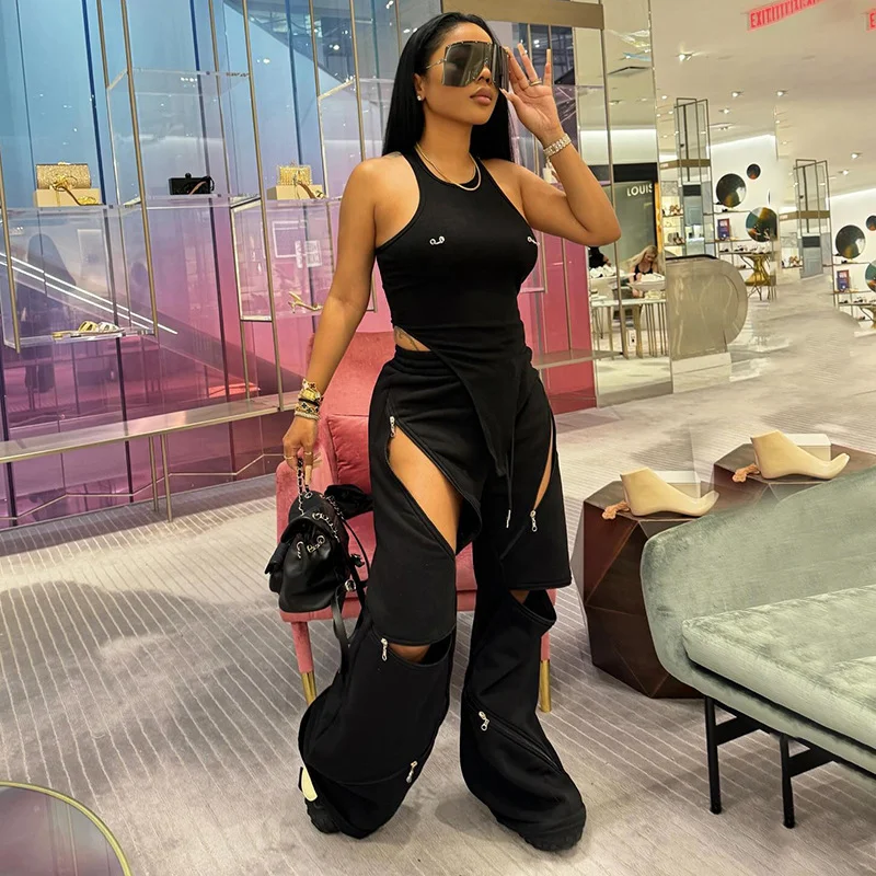 Uveng Uveng Women's Autumn And Winter Pure Color High-Waisted Multi-Waist Zipper Tight Rope Loose Sports Leisure Pants