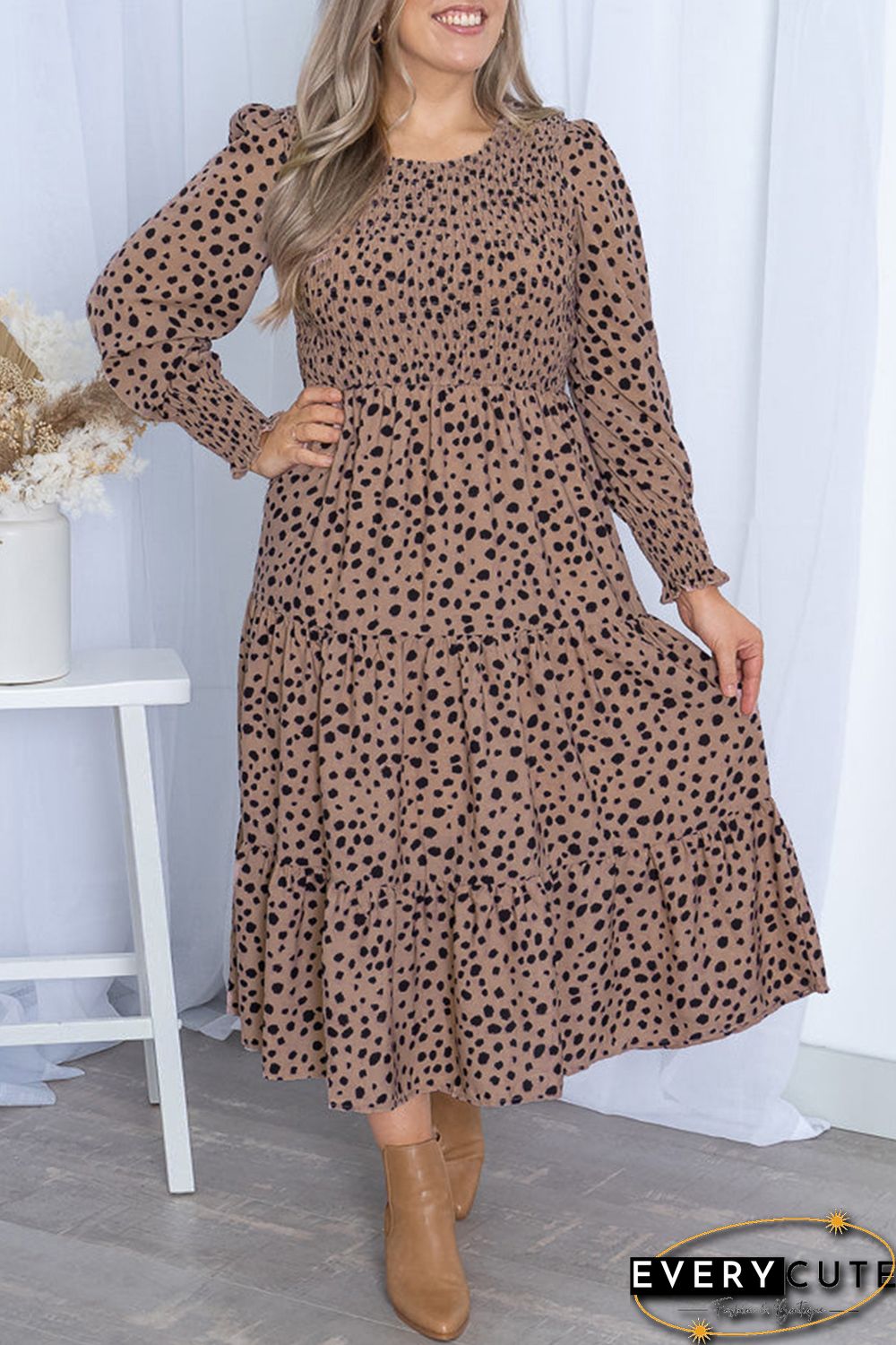 Pink Plus Size Leopard Print Smocked Tiered Dress