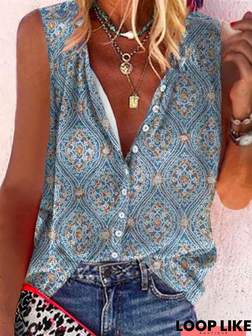 Women's Boho Printed Blue Casual Sleeveless Blouse