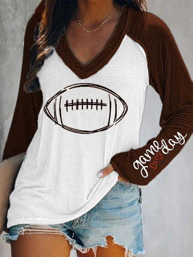 Women's Football Lover Game Day Casual V-Neck Long-Sleeve T-Shirt socialshop