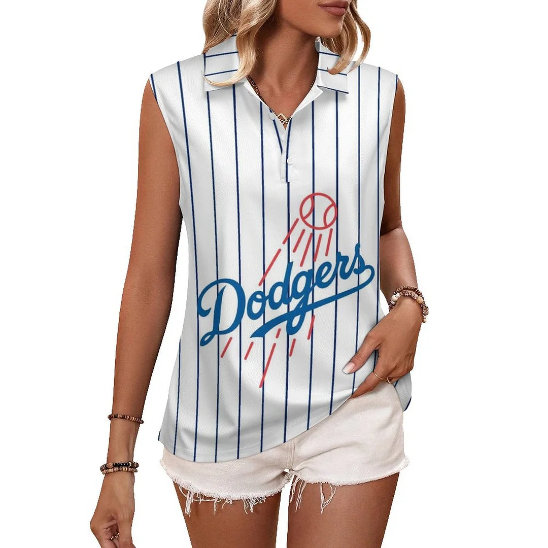 V-neck Sleeveless Casual POLO Shirt Tank Top for Women Printed with Pattern Striped, Blue, White