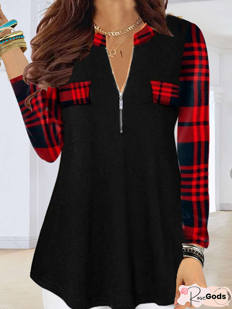 Long Sleeve V-Neck Zipper Plain Geometric Plaid Top T-Shirt Women Grid