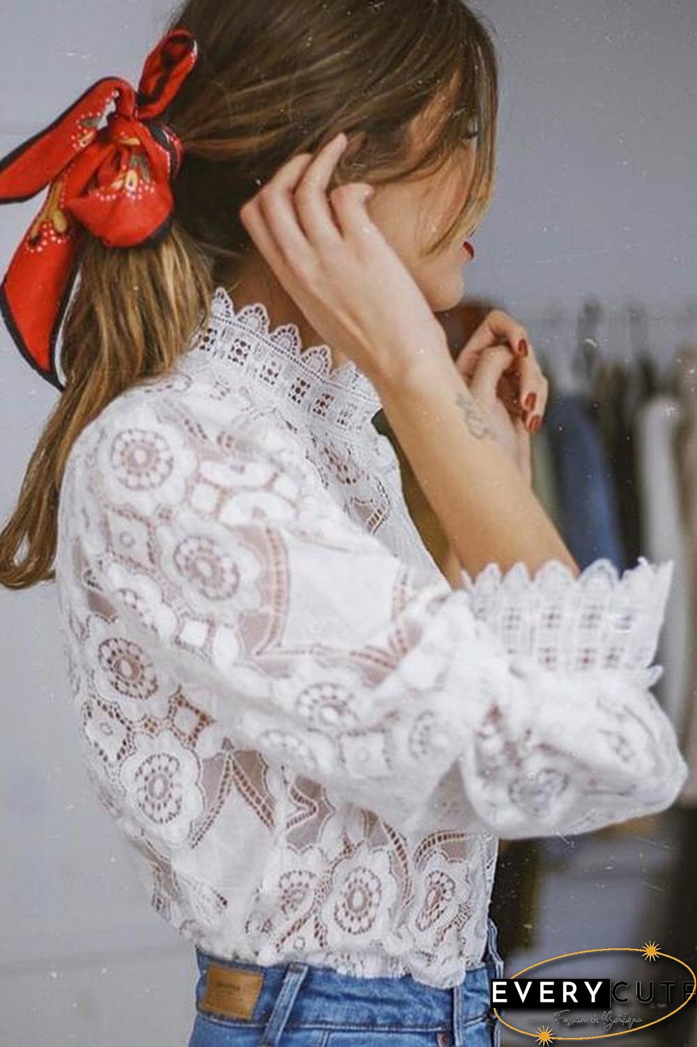 Lace Hollow Puff Sleeve T Shirt