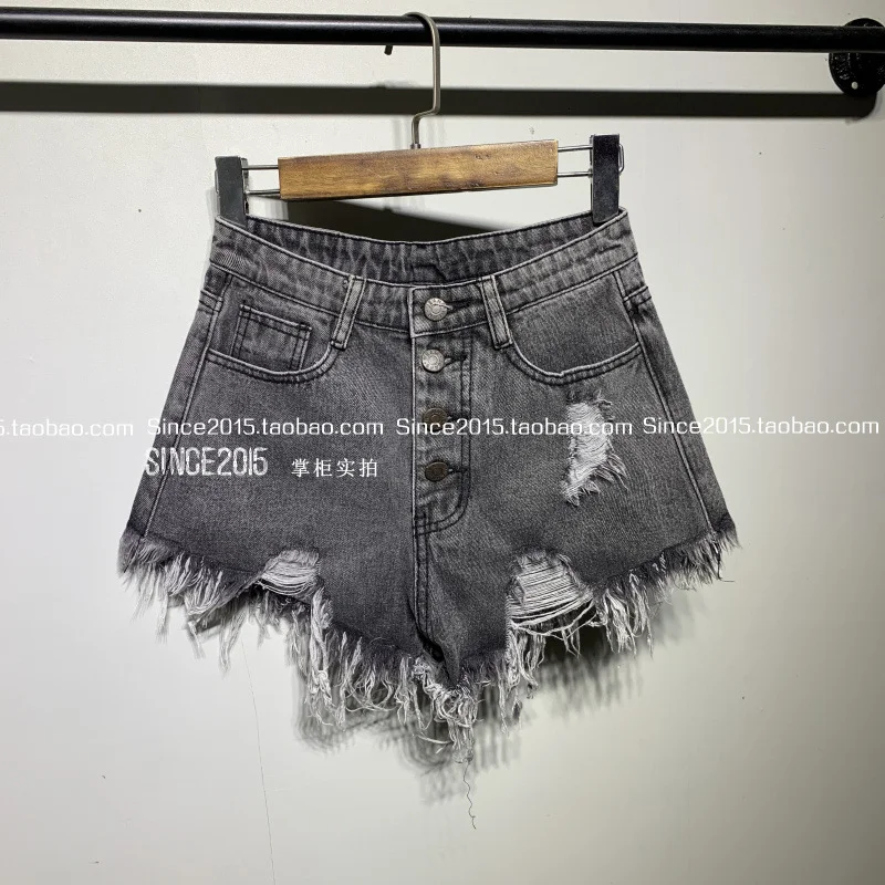 Toloer Summer New High Waist Hole Breasted Denim Shorts Female Show Thin Korean Version Of Wide Leg Pants Edge A Word Sexy Hot Pants-Outfit Ideas