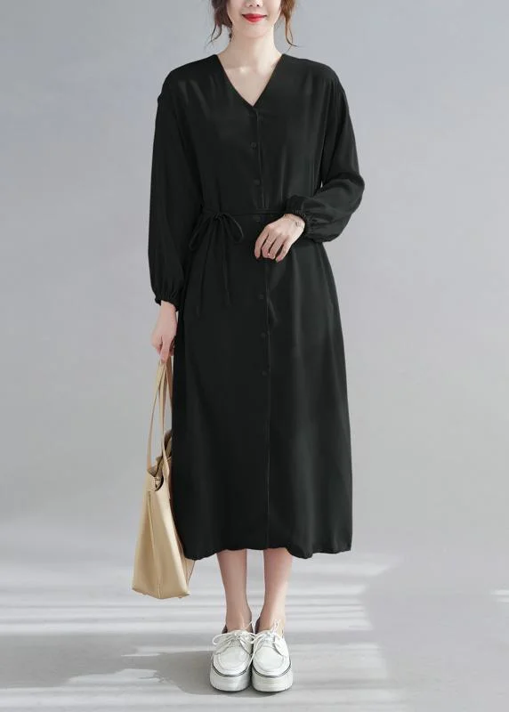 DIY Black Quilting Clothes V Neck Drawstring Robes Spring Dress