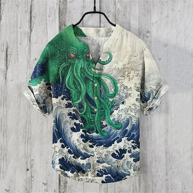 Comstylish Men's Sea Octopus Art Printed V Neck Casual Shirt