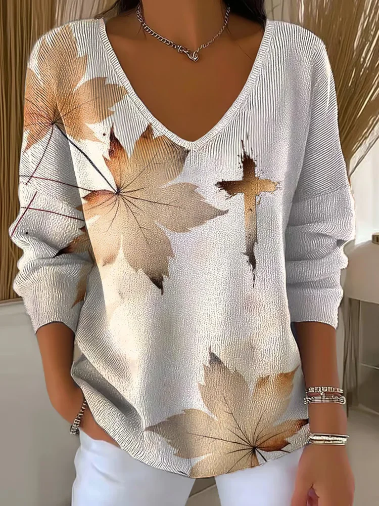 Women's Casual Maple Leaf Cross Long Sleeve T-shirt