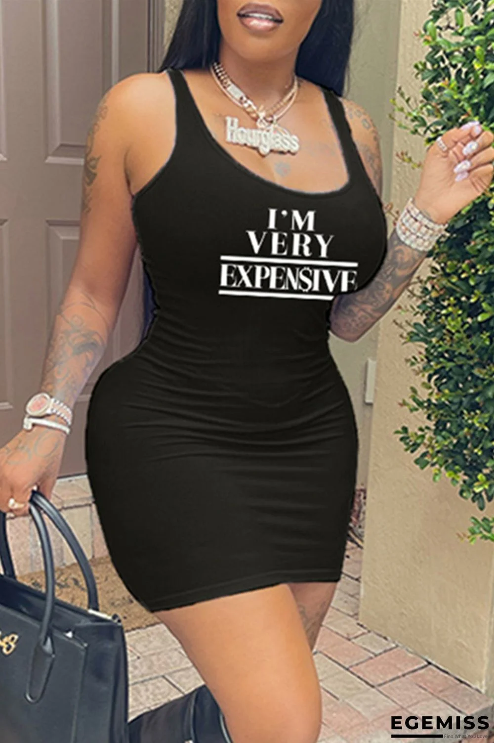 Black Sexy Casual Letter Print Basic O Neck Vest Dress | EGEMISS