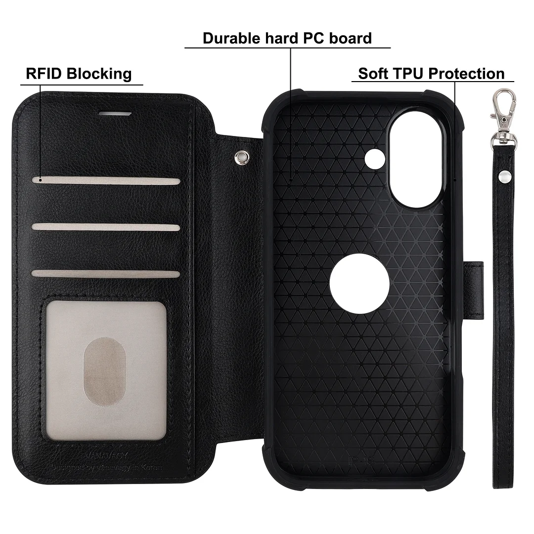 VANAVAGY Compatible for iPhone 16 Wallet Case for Magsafe Wireless Charging,Leather Flip Folio Wrist [Glass Screen Protectors & Camera Lens Protectors] with RFID Block Card Holder