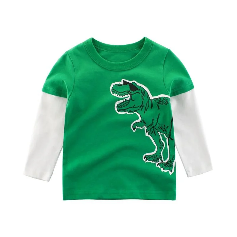 2-8 Years Kids T-shirts Boys Dinosaur Print Tops Girls Splice Long Sleeve T Shirt Children Autumn Winter Solid Cotton Sweatshirt