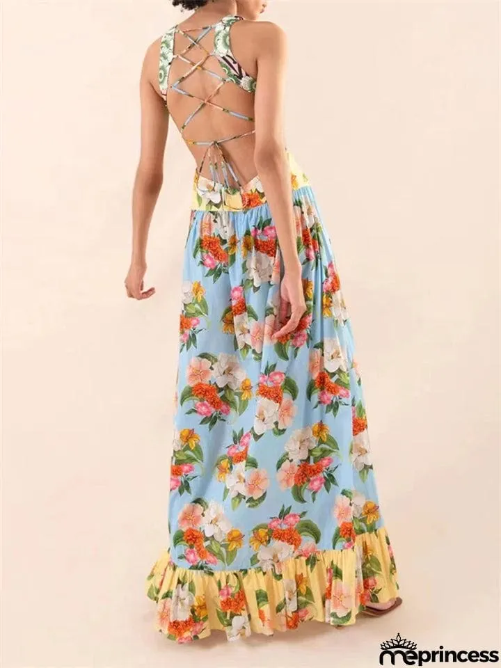 Women's Crew Neck Back Lace-up Floral Bohemian Dress