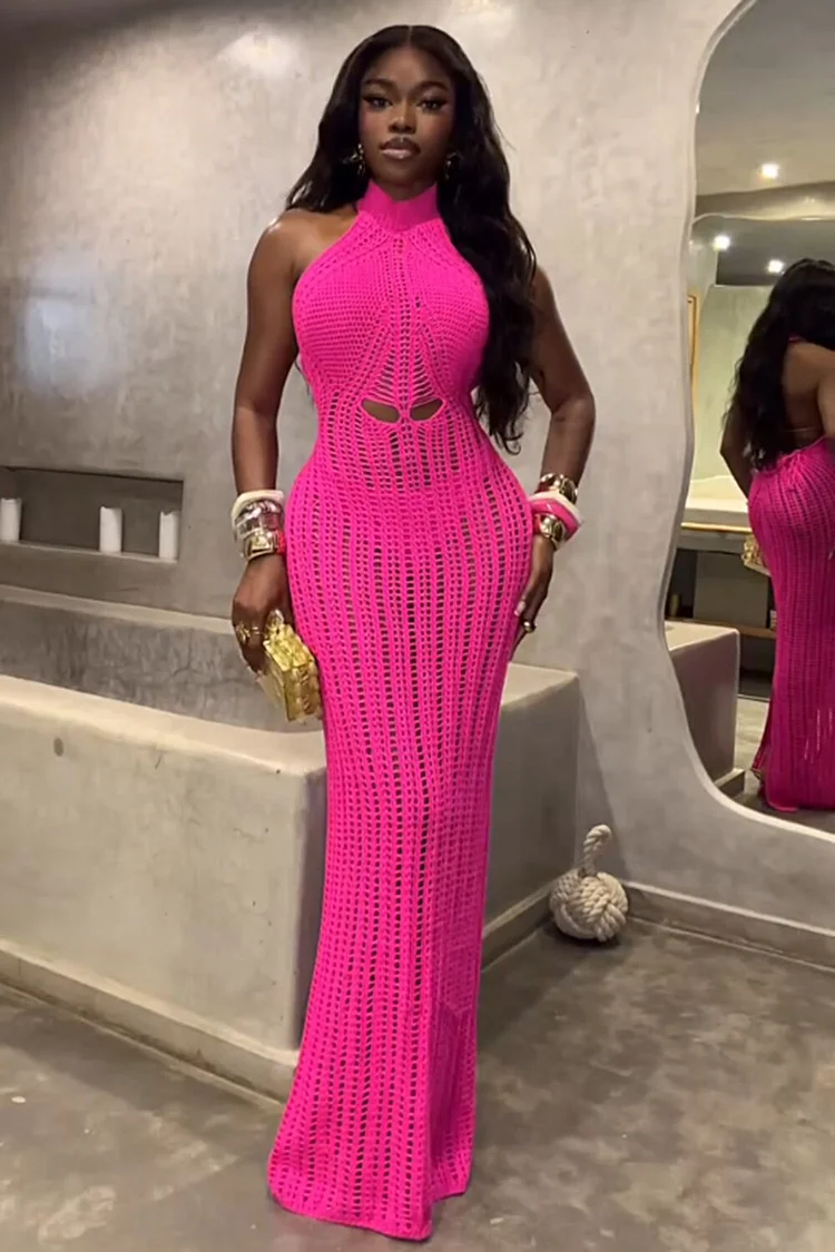 Halter Backless Hollow Out Knit Vacation Maxi Dresses-Fuchsia [Pre Order]