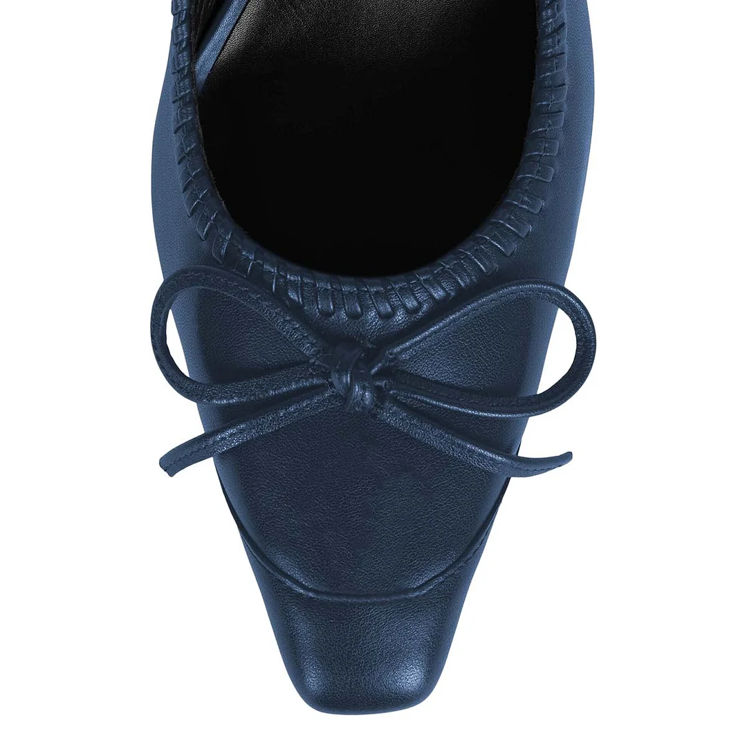 Navy Square Toe Bow Chunky Heel Buckle Strap Mary Jane Pumps