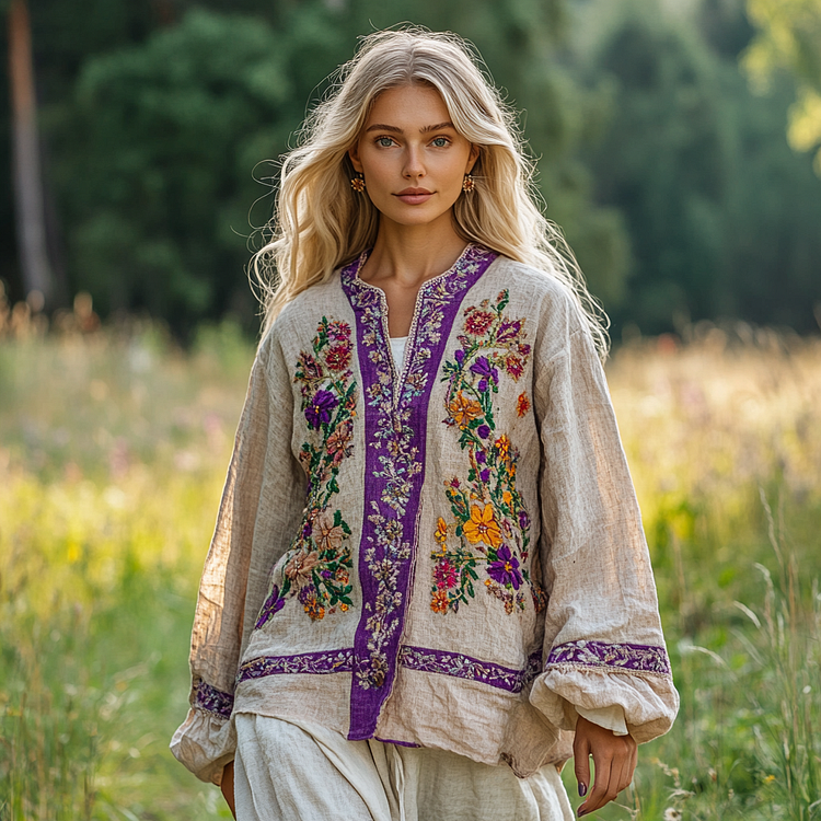 Utbros Vintage Bohemian Floral Embroidered Linen V-neck Shirt