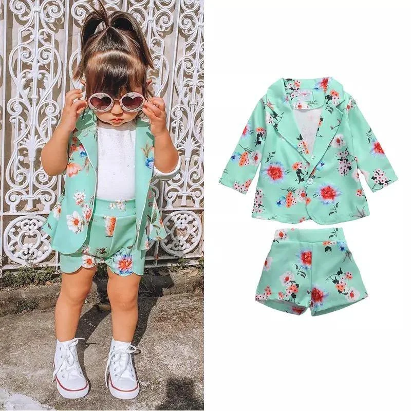 Toddler Girls Floral Coat Shorts Two Piece Suit Sets