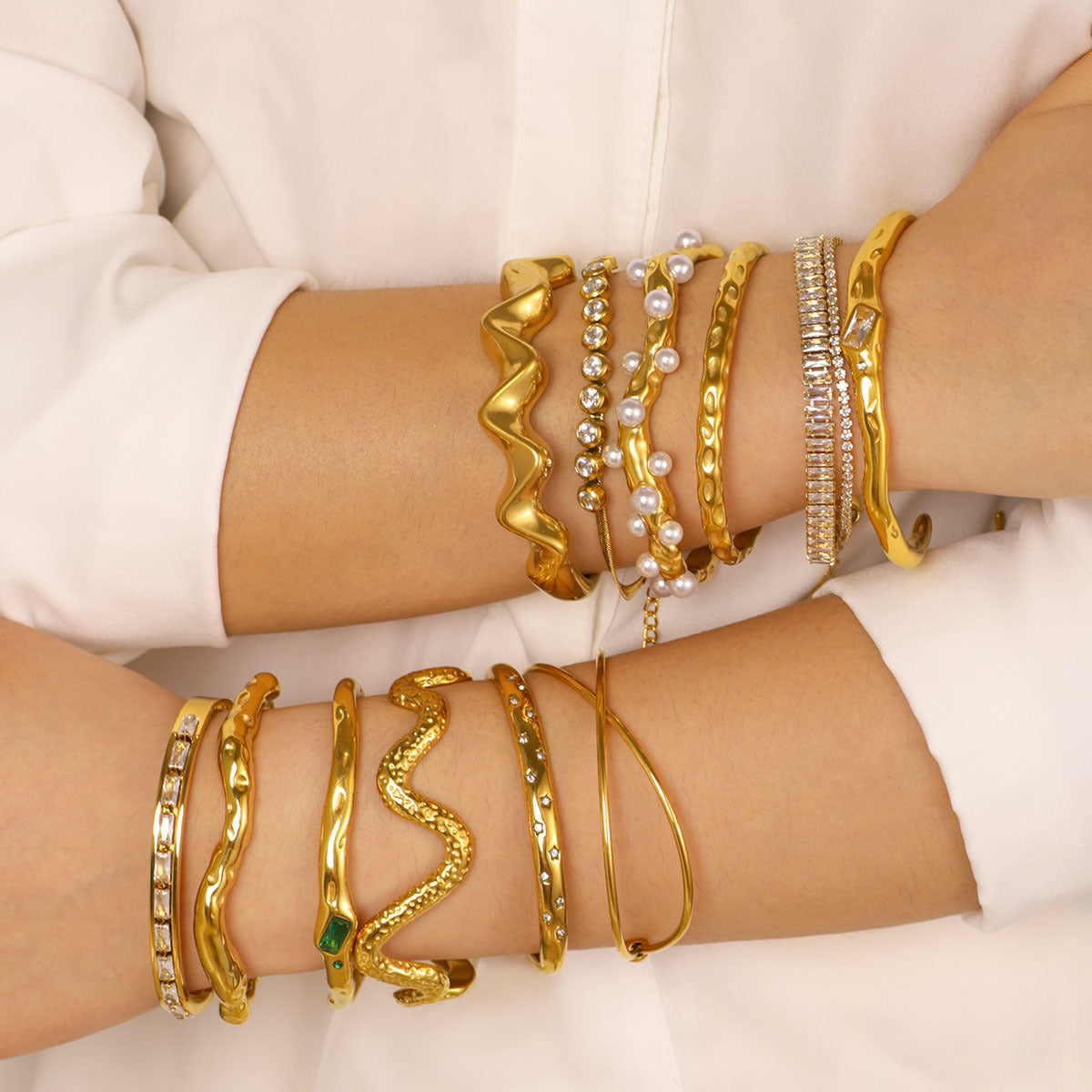 Ins Stainless Steel Zircon Pearl Bracelet C-Shaped Wave Line Open Gold-Plated Bracelet Design Female