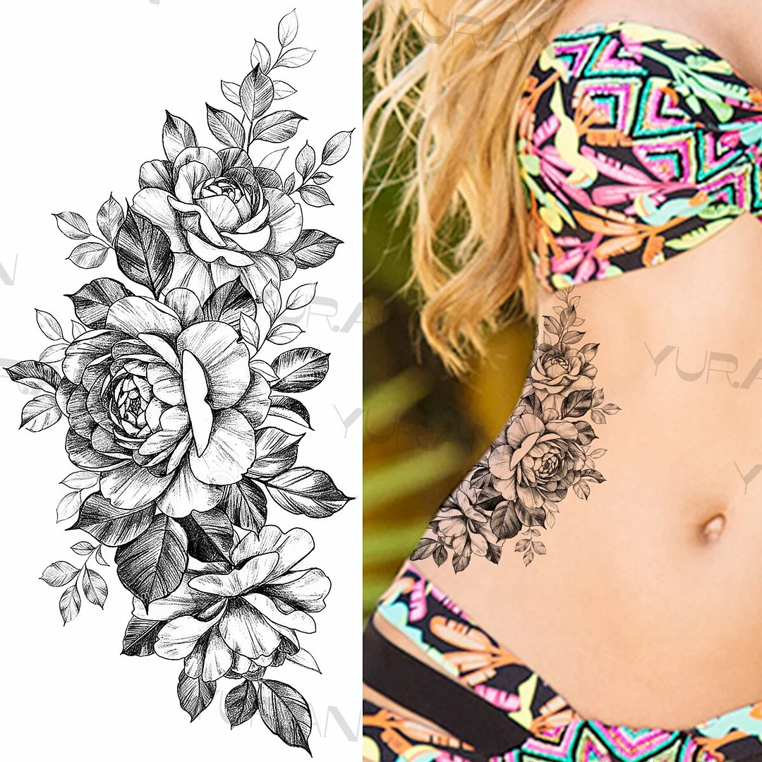 Sdrawing Rose Flower Temporary Tattoos For Women Realistic Snake Butterfly Flora Fake Tattoo Sticker Arm Body Waterproof Tatoos