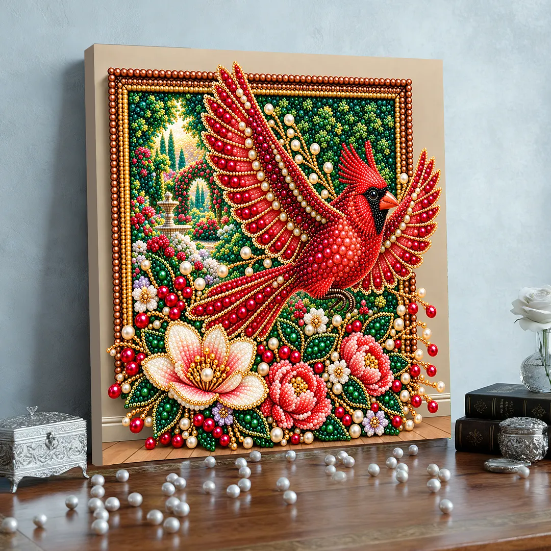 Pearl Painting Kit with Frame Red Cardinal Flower 11.81x11.81in